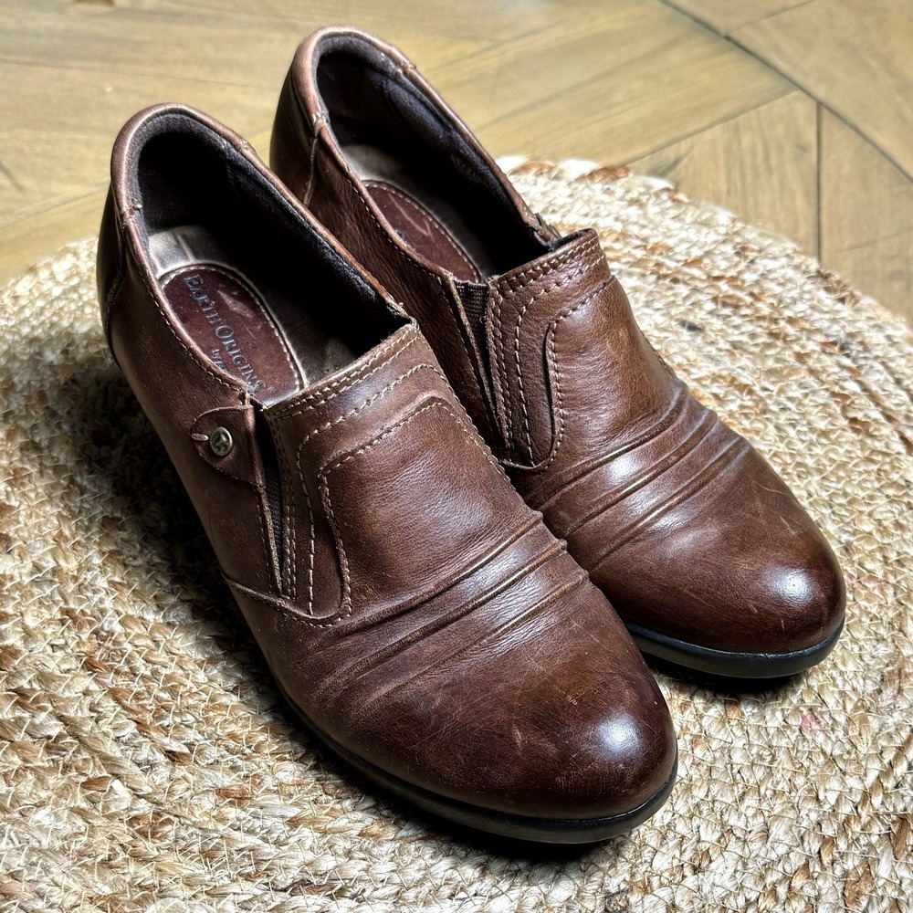 Earth Origins Brown Leather Ankle Bootie Loafer Block Heel Womens 7.5 Clog